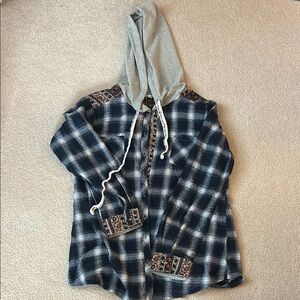 Plaid Hoodie Button Shirt with Flower detail